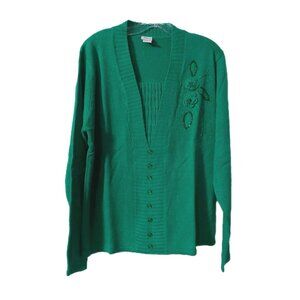 Adrian Delafield Sweater Size Large Beaded Knit Green Faux Tank Pearl Buttons